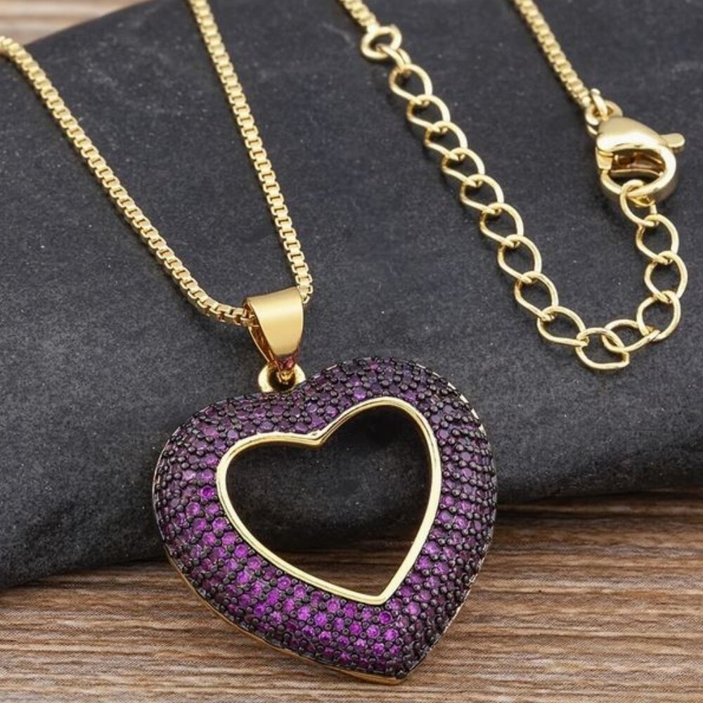 Heart Pendant Necklace Sparkling 3A Zirconia Stones Purple 18K Gold-Tone Chain